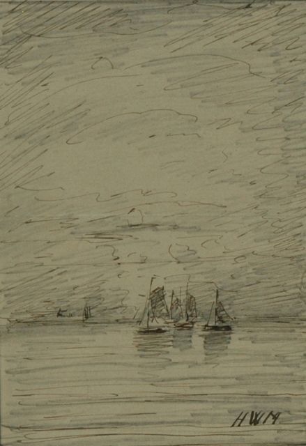 Hendrik Willem Mesdag | Schepen op zee, potlood, pen in zwarte inkt op papier, 13,7 x 9,9 cm, gesigneerd r.o. met initialen