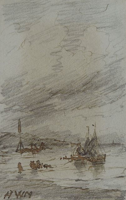 Hendrik Willem Mesdag | Bomschuiten bij de Scheveningse vuurtoren, potlood, pen in bruine inkt op papier, 10,1 x 6,4 cm, gesigneerd l.o. met initialen