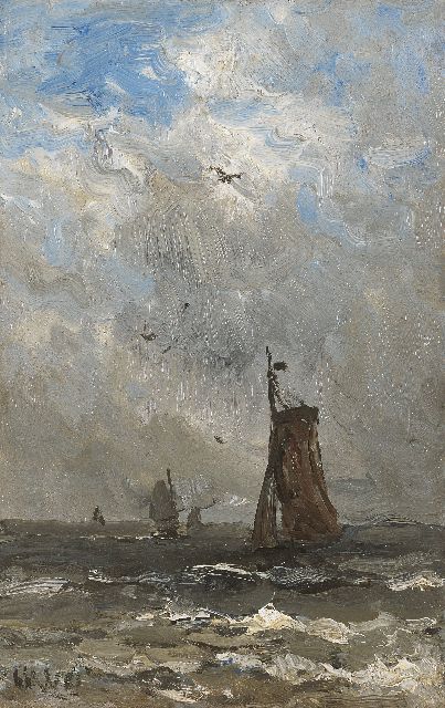 Hendrik Willem Mesdag | Bomschuiten op volle zee, olieverf op paneel, 24,7 x 15,7 cm, gesigneerd l.o. met initialen