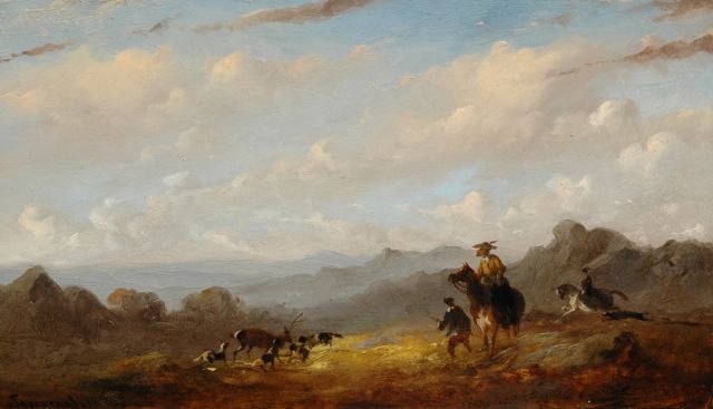Johannes Tavenraat | Hertenjacht in weids heuvellandschap, olieverf op paneel, 14,1 x 24,6 cm, gesigneerd l.o. en gedateerd 1850