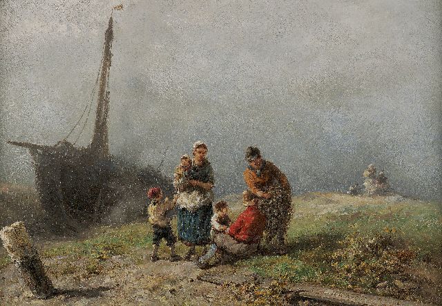 Jan H.B. Koekkoek | Vissersfamilie in de duinen, olieverf op paneel, 24,7 x 34,9 cm, gesigneerd r.o.