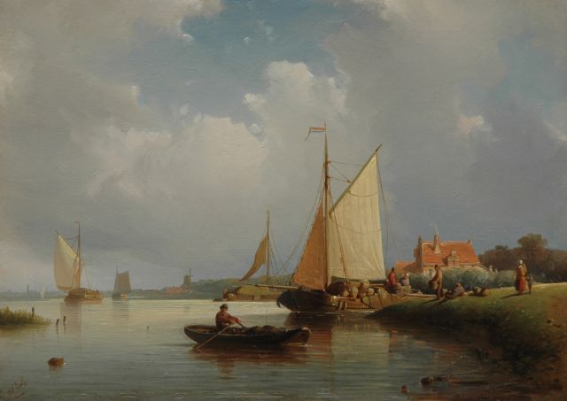 Johan Rust | Beurtschip op kalm water, olieverf op paneel, 20,2 x 28,4 cm, gesigneerd l.o.
