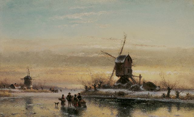 Lodewijk Johannes Kleijn | Houtsprokkelaars en schaatsers op het ijs bij een molen (alleen tezamen met 15220), olieverf op paneel, 33,7 x 52,1 cm, gesigneerd l.o.