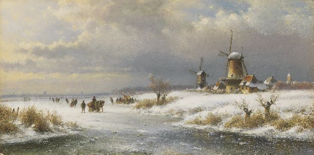 Lodewijk Johannes Kleijn | Sneeuwlandschap met schaatsers en slede, olieverf op paneel, 26,6 x 52,8 cm, gesigneerd l.o.