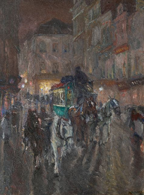 Maurits Niekerk | Omnibus in de stad bij avond, olieverf op doek, 115,5 x 85,3 cm, gesigneerd r.o. en gedateerd 1919