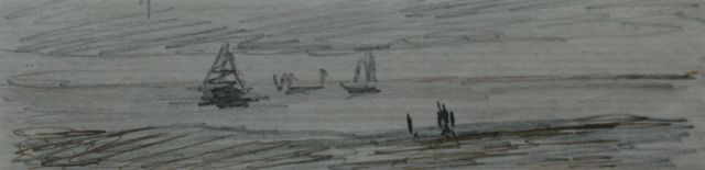 Hendrik Willem Mesdag | Vissersschepen op de Noordzee, potlood, pen in zwarte inkt op papier, 2,5 x 12,3 cm