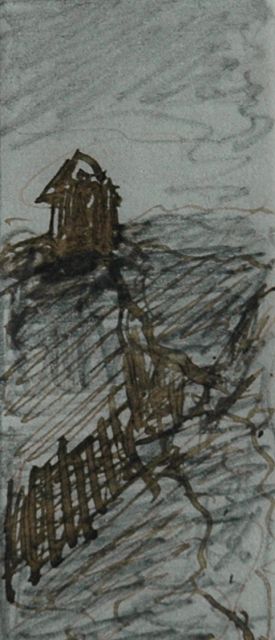 Hendrik Willem Mesdag | Uitkijkpost in de duinen (pendant van 10945), potlood, pen in zwarte inkt op papier, 6,3 x 2,4 cm