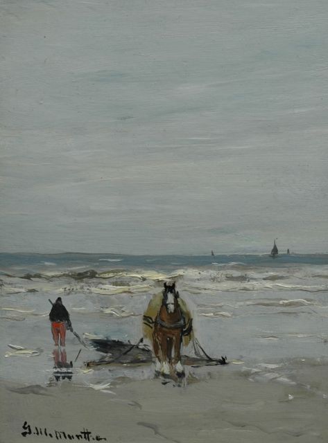 Morgenstjerne Munthe | Schelpenvisser met paard en sleepnet, olieverf op schildersboard, 20,0 x 14,9 cm, gesigneerd l.o. en te dateren ca. 1925
