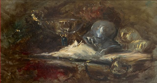 Antoine Vollon | Stilleven met helm en zwaard, olieverf op paneel, 22,3 x 41,8 cm, gesigneerd l.o.