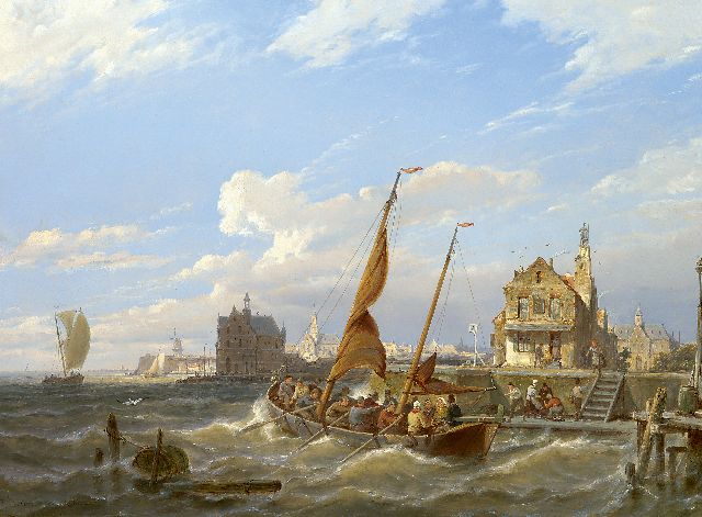 Pieter Cornelis  Dommershuijzen | Vertrekkende veerboot bij ruw weer, olieverf op paneel, 42,5 x 61,3 cm, gesigneerd l.o. en gedateerd 1888