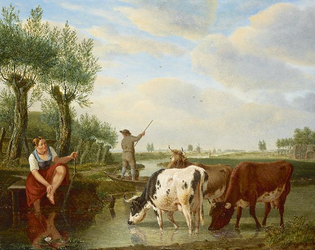 Kuytenbrouwer M.A.  | Veerman en herderin in Hollands rivierlandschap, olieverf op paneel 38,8 x 47,3 cm, gesigneerd r.o.