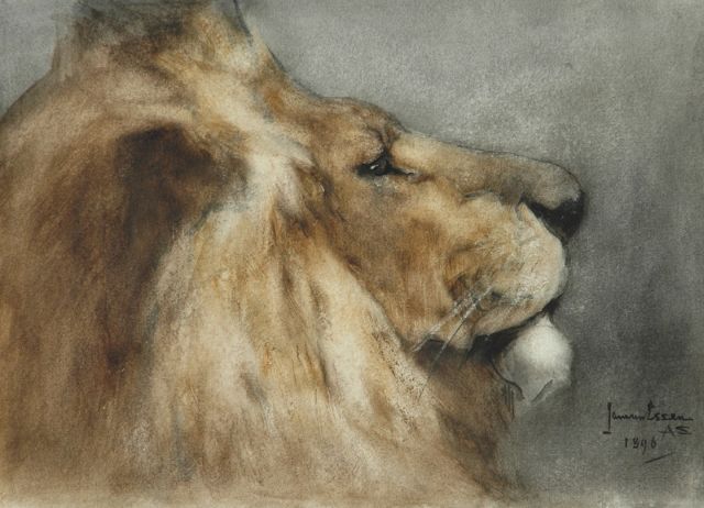 Jan van Essen | Leeuwenkop, aquarel op papier, 20,0 x 27,8 cm, gesigneerd r.o. en gedateerd 1896