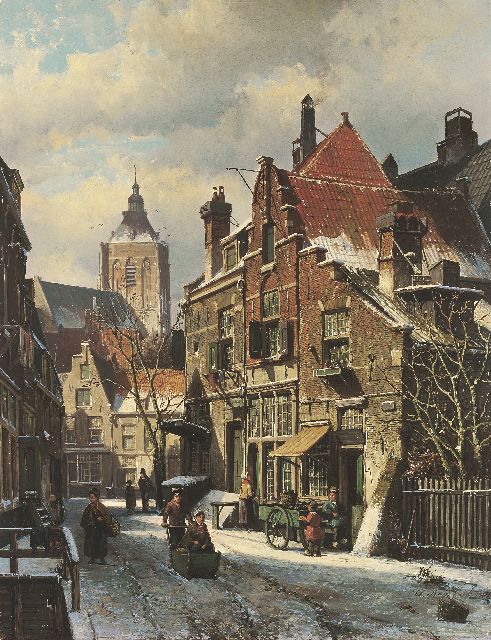 Willem Koekkoek | Besneeuwde stad, olieverf op paneel, 46,3 x 35,4 cm, gesigneerd r.o. en gedateerd 1868