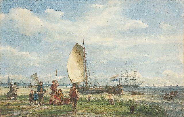 Jan H.B. Koekkoek | Zeilschepen op het IJ bij Amsterdam, aquarel op papier, 22,0 x 34,0 cm, gesigneerd l.o. en gedateerd 1865