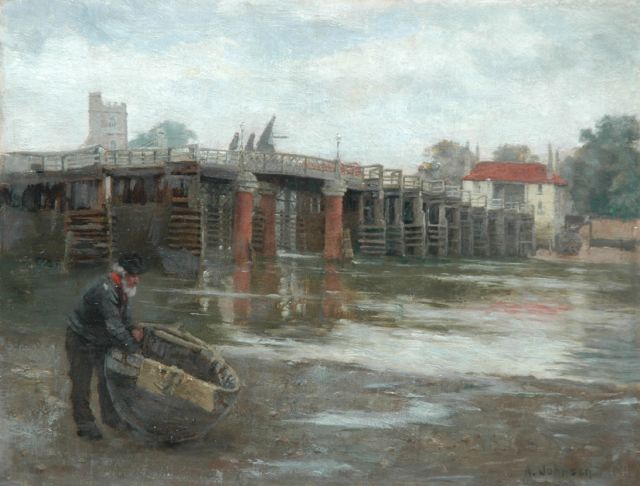 Alfred Johnson | De oude brug, Putney, olieverf op doek op paneel, 26,4 x 34,3 cm, gesigneerd r.o.