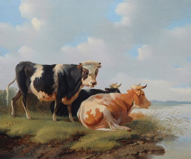 Albertus Verhoesen | Stier en koeien bij het water, olieverf op paneel, 27,9 x 33,7 cm, gesigneerd l.o. en gedateerd 1856