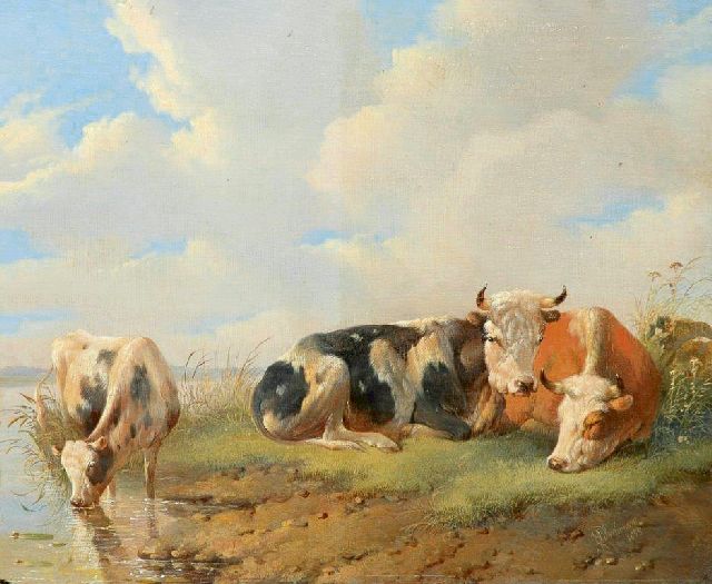 Albertus Verhoesen | Rustend en drinkend vee aan de waterkant, olieverf op paneel, 27,8 x 33,7 cm, gesigneerd r.o. en gedateerd 1855