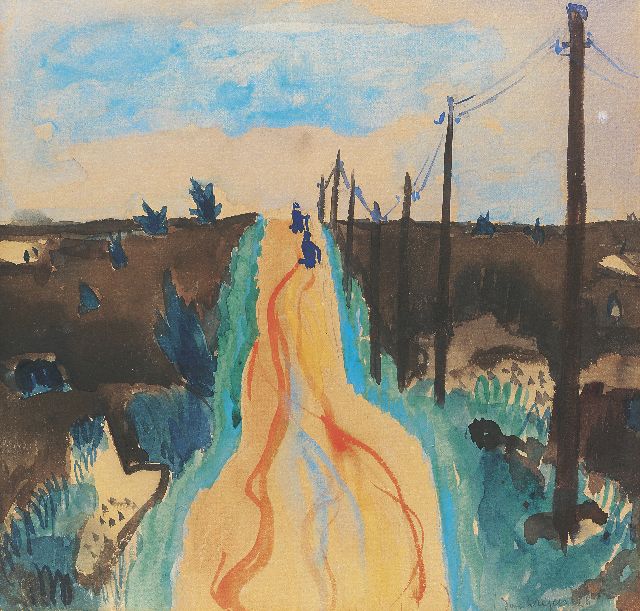 Jan Wiegers | Landschap met weg, potlood en aquarel op papier, 38,5 x 35,5 cm, gesigneerd r.o. en gedateerd '28