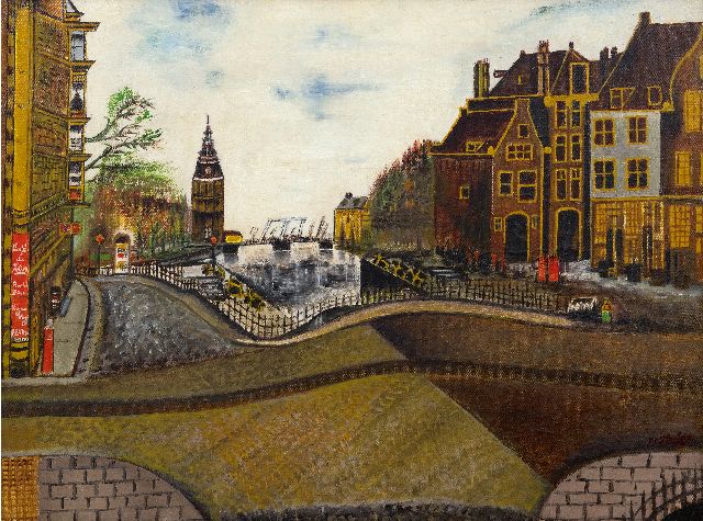 Houtman S.C.  | Oude Schans, hoek St. Antoniebreestraat, met de Montelbaanstoren, Amsterdam, olieverf op doek 47,5 x 62,0 cm, gesigneerd r.o. en te dateren 1939