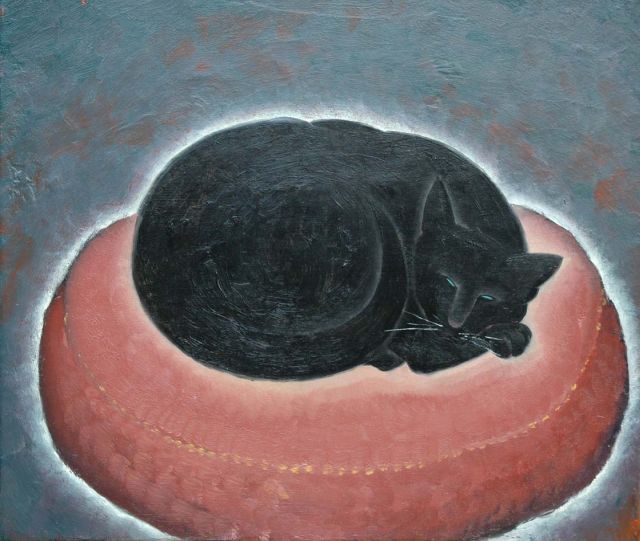 Andries Johannes Jacobus van Gool | Zwarte kat, olieverf op doek, 35,7 x 40,3 cm, gesigneerd l.b. en gedateerd '49