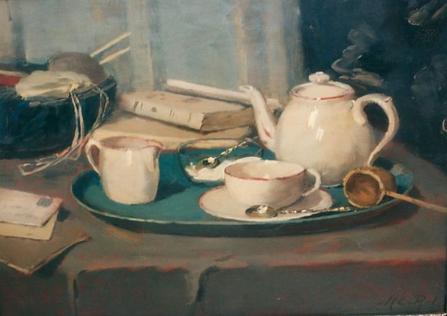 Marie van Regteren Altena | Stilleven van theeservies, boeken en breiwerk, olieverf op paneel, 54,0 x 39,5 cm, gesigneerd r.o.