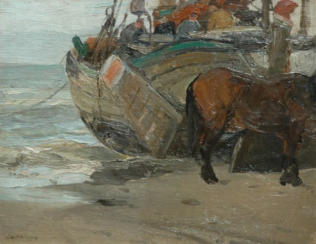 Charles Paul Gruppe | Bomschuit op het strand, olieverf op doek op schildersboard, 25,3 x 32,1 cm, gesigneerd l.o.