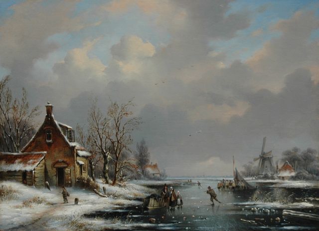George Henry Hendriks | Bevroren rivier met molen, boerenhut en schaatsers, olieverf op paneel, 28,6 x 39,2 cm