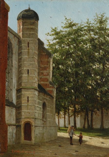 Johannes Jacobus Mittertreiner | Achter de kerk, olieverf op paneel, 22,1 x 15,7 cm, gesigneerd l.o.