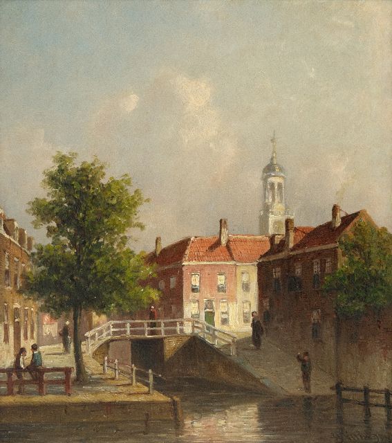 Petrus Gerardus Vertin | Gezicht op de Nieuwe Gracht, hoek Jansstraat te Haarlem, olieverf op paneel, 23,6 x 20,8 cm, gesigneerd r.o.