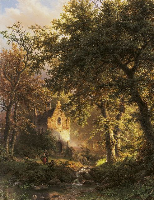 Barend Cornelis Koekkoek | Boslandschap met kapel bij namiddagzon, olieverf op paneel, 97,3 x 80,4 cm, gesigneerd r.o. en gedateerd 1850