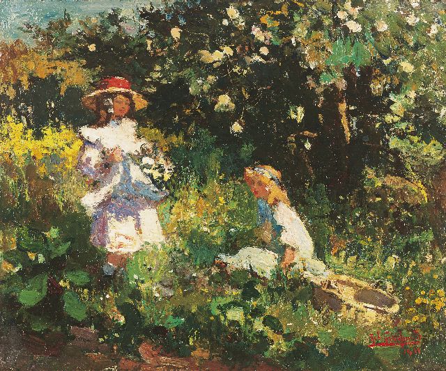 Rob Graafland | Bloemen plukken, olieverf op paneel, 28,2 x 33,6 cm, gesigneerd r.o. en gedateerd 1911