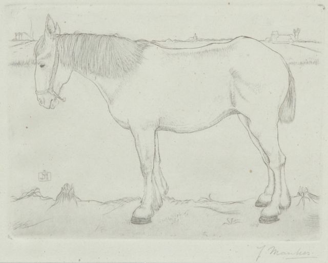 Mankes J.  | Staand paard, kopergravure op papier 11,8 x 15,8 cm, gesigneerd r.o. voluit en l.m. met monogram (in ets)6 en te dateren 1917