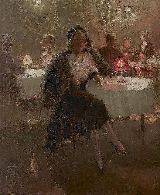 Han van Meegeren | De actrice Clara Vischer-Blaaser in een theesalon, olieverf op doek, 73,2 x 60,4 cm, gesigneerd l.o. en te dateren ca. 1927-1932