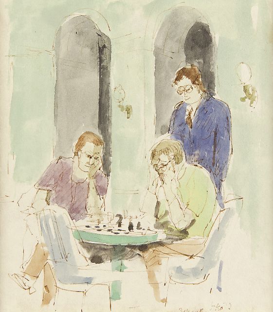 Kamerlingh Onnes H.H.  | De schaakspelers, pen, bruine inkt en aquarel op papier 17,4 x 15,8 cm, gesigneerd r.o. met monogram en gedateerd '73