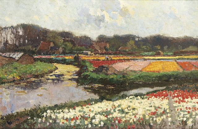 Ben Viegers | Bloeiende tulpenvelden, olieverf op doek, 40,0 x 60,2 cm, gesigneerd r.o.