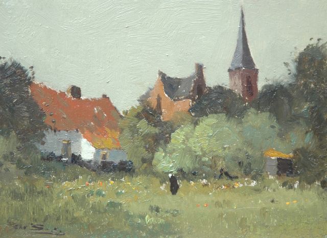 Chris Soer | Boerenerfje in een dorp, olieverf op paneel, 13,0 x 17,9 cm, gesigneerd l.o.