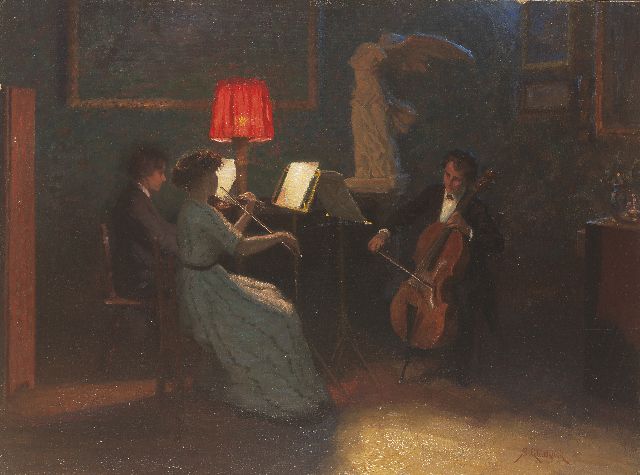 Simon Glücklich | Musicerend trio, olieverf op board, 46,0 x 63,3 cm, gesigneerd r.o.