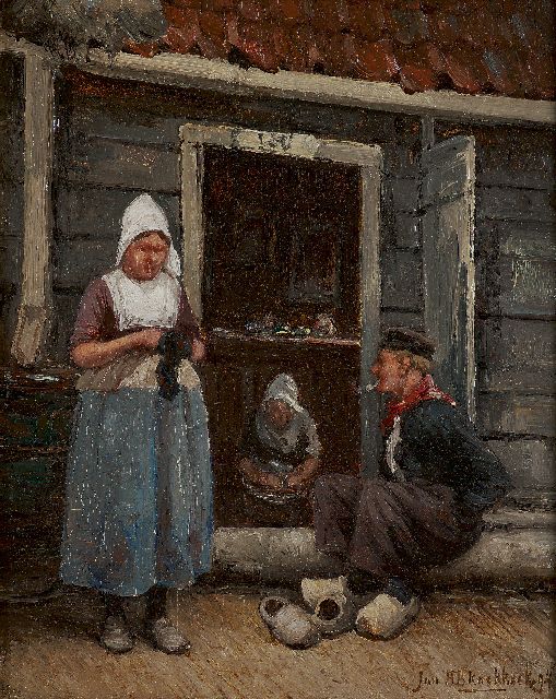 Jan H.B. Koekkoek | Praatje bij de voordeur, Volendam, olieverf op paneel, 25,2 x 19,7 cm, gesigneerd r.o. en gedateerd '94