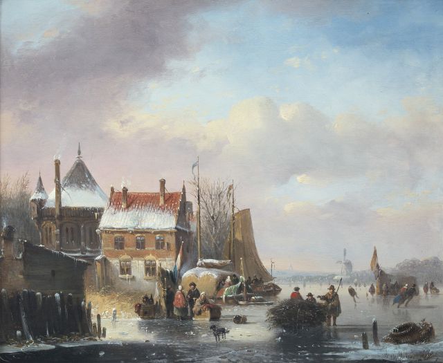 Jacobus van der Stok | Schaatsvertier bij een stadje met molen in de verte, olieverf op paneel, 23,2 x 27,9 cm, gesigneerd l.o.