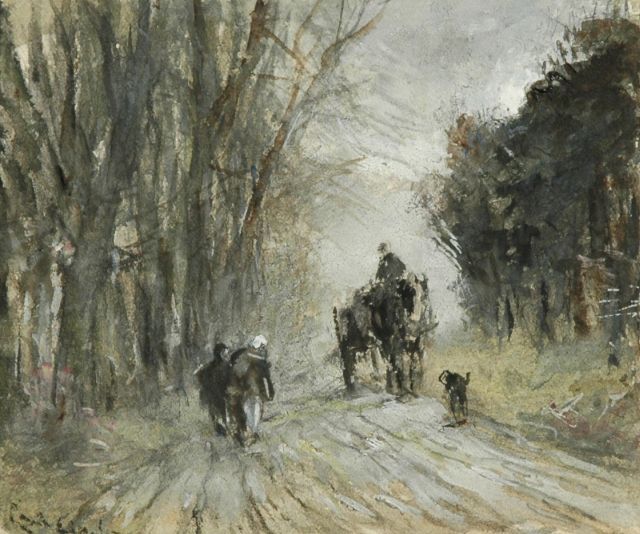 Louis Apol | Paard-en-wagen en figuren op besneeuwd bospad, aquarel op papier, 10,8 x 13,4 cm, gesigneerd l.o. (vaag)