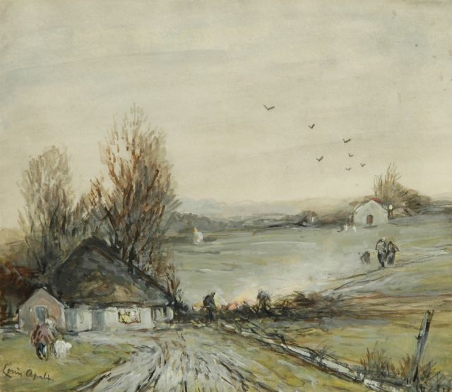 Louis Apol | Vuurstokende boeren bij een boerderij, potlood en aquarel op papier, 21,9 x 24,9 cm, gesigneerd l.o.