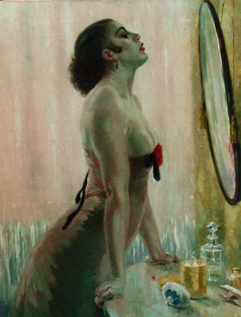 Han van Meegeren | Vrouw in strapless voor de spiegel, olieverf op doek, 121,0 x 90,0 cm, gesigneerd r.o.