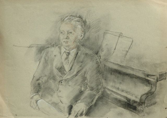 Elie Neuburger | De pianist Willem Andriessen aan de vleugel, houtskool en krijt op gekleurd papier, 42,6 x 60,4 cm