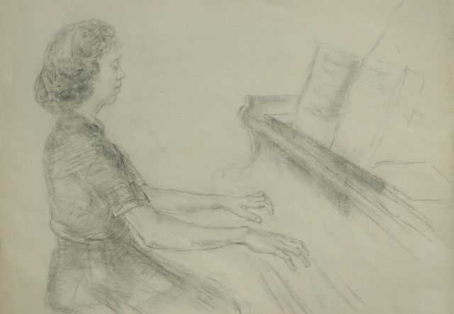 Elie Neuburger | Vrouw aan de vleugel, schets, houtskool op papier, 55,8 x 76,8 cm