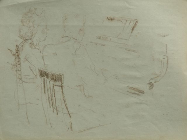 Elie Neuburger | Quatre-mains, schets, zwart krijt op gekleurd papier, 27,8 x 37,4 cm