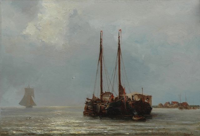 Heemskerck van Beest J.E. van | Voor anker bij de haveningang, olieverf op paneel 34,3 x 50,1 cm, gesigneerd r.o.