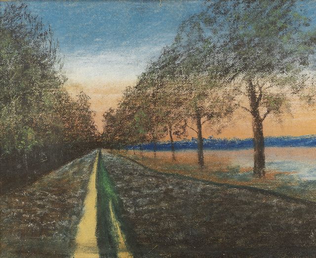 Koningin Wilhelmina van Oranje-Nassau | Bomen langs een landweg - perspectiefstudie, pastel op papier, 43,9 x 55,0 cm, gedateerd 'Het Loo 1920'