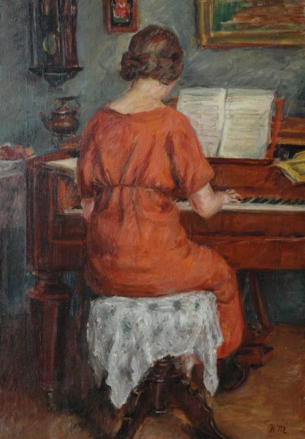 Mirtschin K.  | Achter de piano, olieverf op doek 64,0 x 45,2 cm, gesigneerd r.o. met monogram