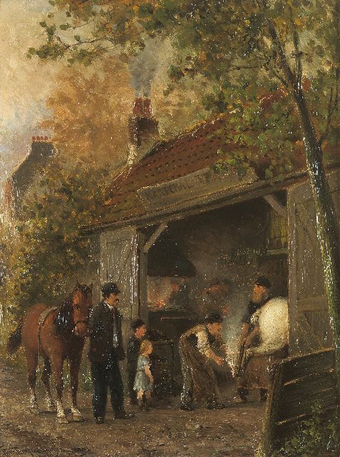 Cornelis Christiaan Dommelshuizen | Bij de hoefsmid, olieverf op paneel, 34,9 x 26,4 cm, gesigneerd l.o. en gedateerd 1889