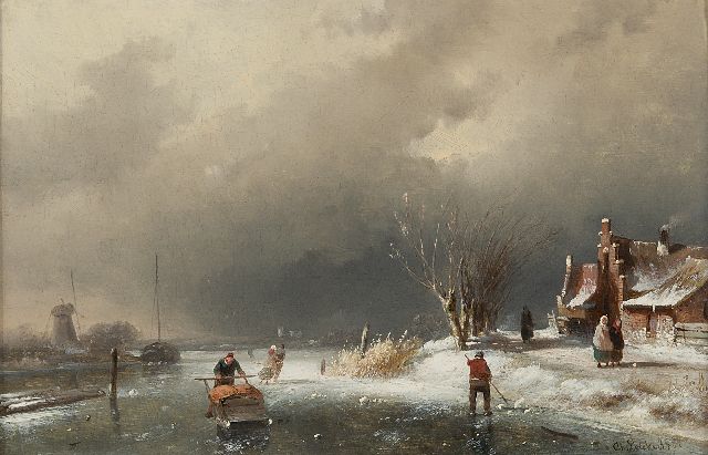 Charles Leickert | Winterlandschap met schaatsers bij naderende storm, olieverf op paneel, 18,5 x 28,1 cm, gesigneerd r.o. en gedateerd '61